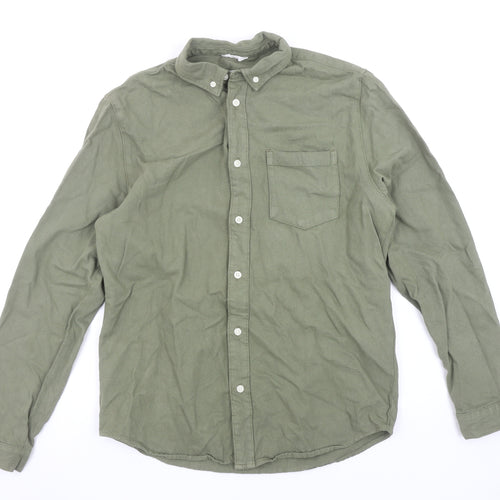 ZARA Men Green Cotton Long Sleeve Button-Up Shirt Size M