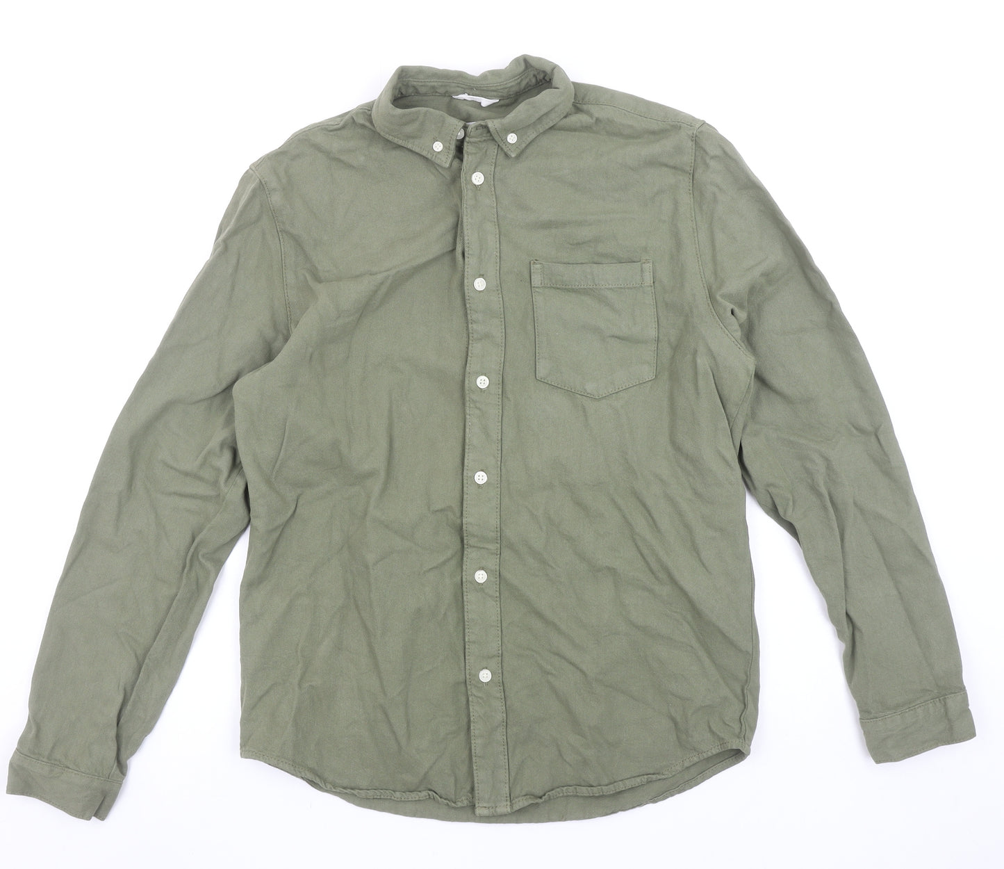 ZARA Men Green Cotton Long Sleeve Button-Up Shirt Size M