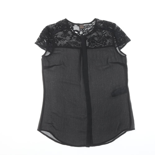 s.Oliver Women Black Lace Sheer Blouse Size 10 Short Sleeve