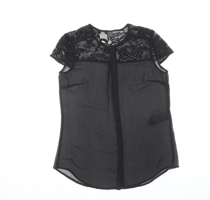 s.Oliver Women Black Lace Sheer Blouse Size 10 Short Sleeve