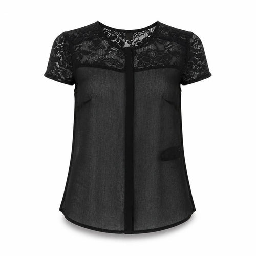 s.Oliver Women Black Lace Sheer Blouse Size 10 Short Sleeve