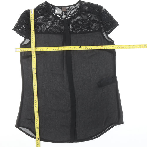 s.Oliver Women Black Lace Sheer Blouse Size 10 Short Sleeve