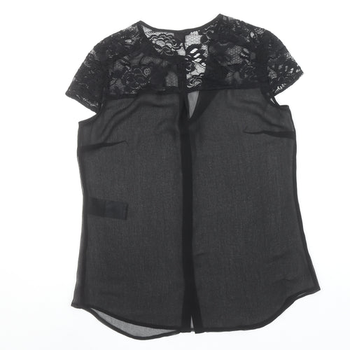 s.Oliver Women Black Lace Sheer Blouse Size 10 Short Sleeve