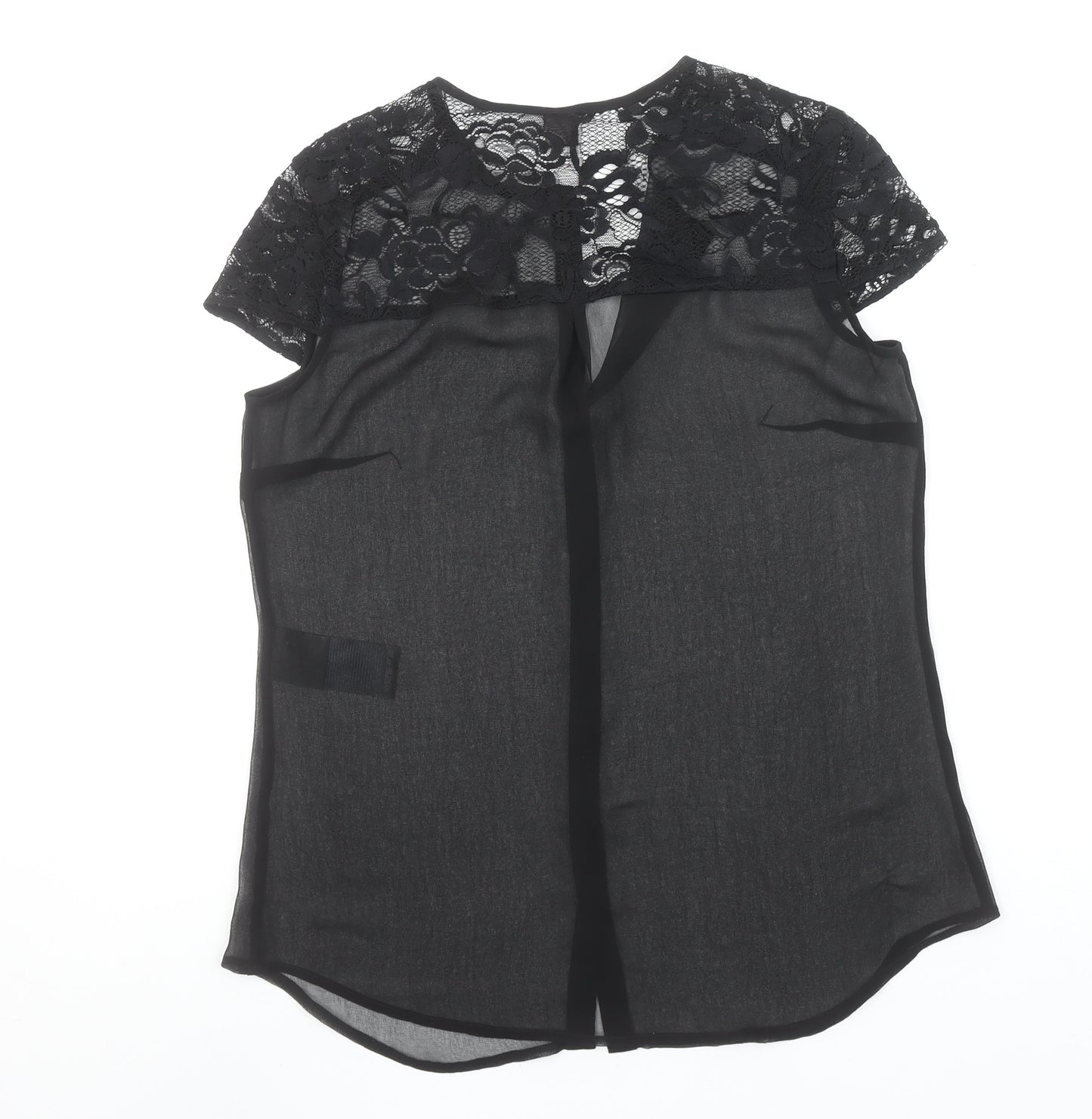 s.Oliver Women Black Lace Sheer Blouse Size 10 Short Sleeve