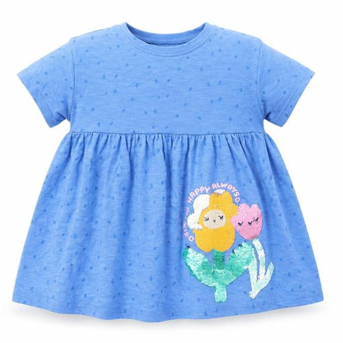 Next Girls Blue Short Sleeve Skater Dress 18-24 Months Sequin Floral