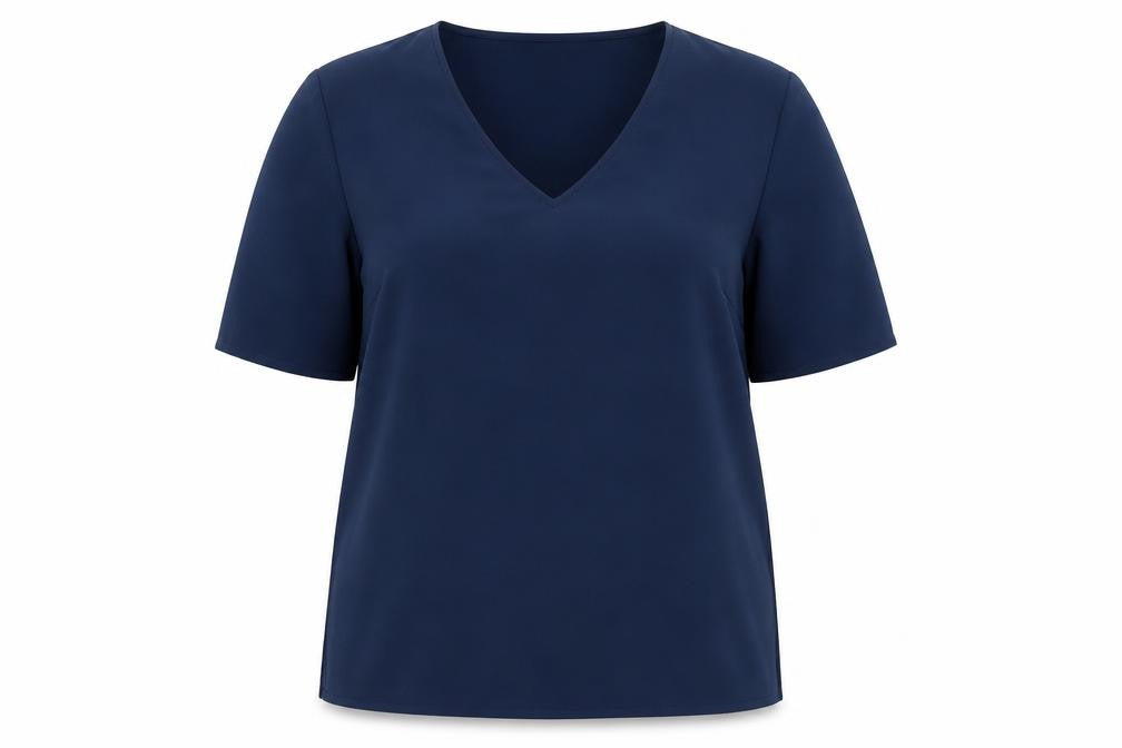Front view of Dunnes women’s navy blue basic v-neck short sleeve blouse, size UK 16