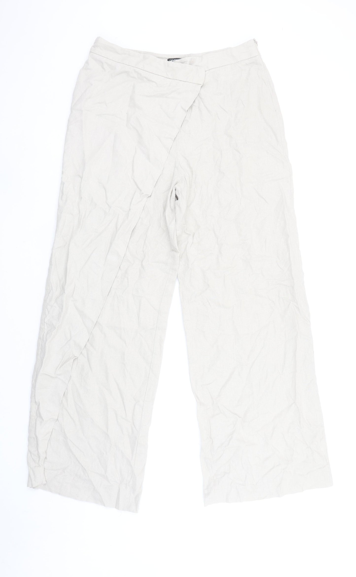 Zara Women’s Beige Wide-Leg Linen Trousers Size M