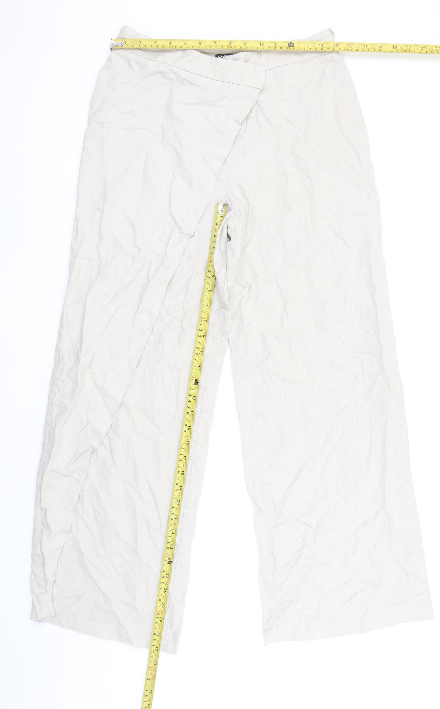 Zara Women’s Beige Wide-Leg Linen Trousers Size M