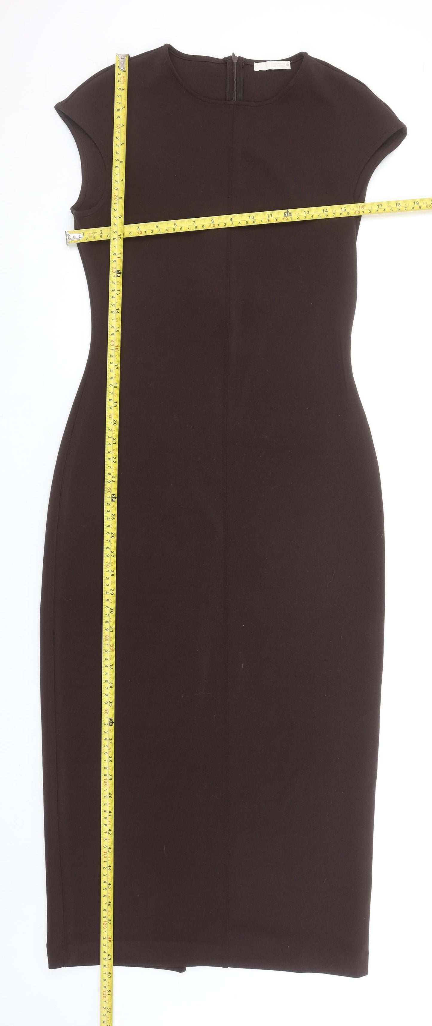 Zara Women Black Midi Sheath Dress M Crew Neck Cap Sleeve