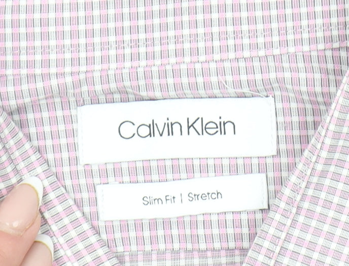 Calvin Klein Men’s Pink Slim Fit Stretch Check Shirt Size L 16” Collar