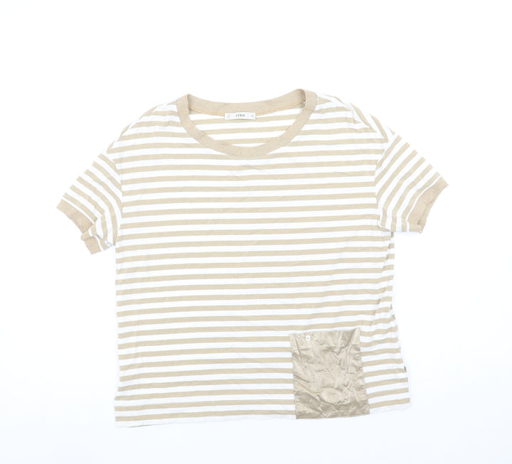 Féria Women’s Beige Striped Short Sleeve Jersey T-Shirt Size 10