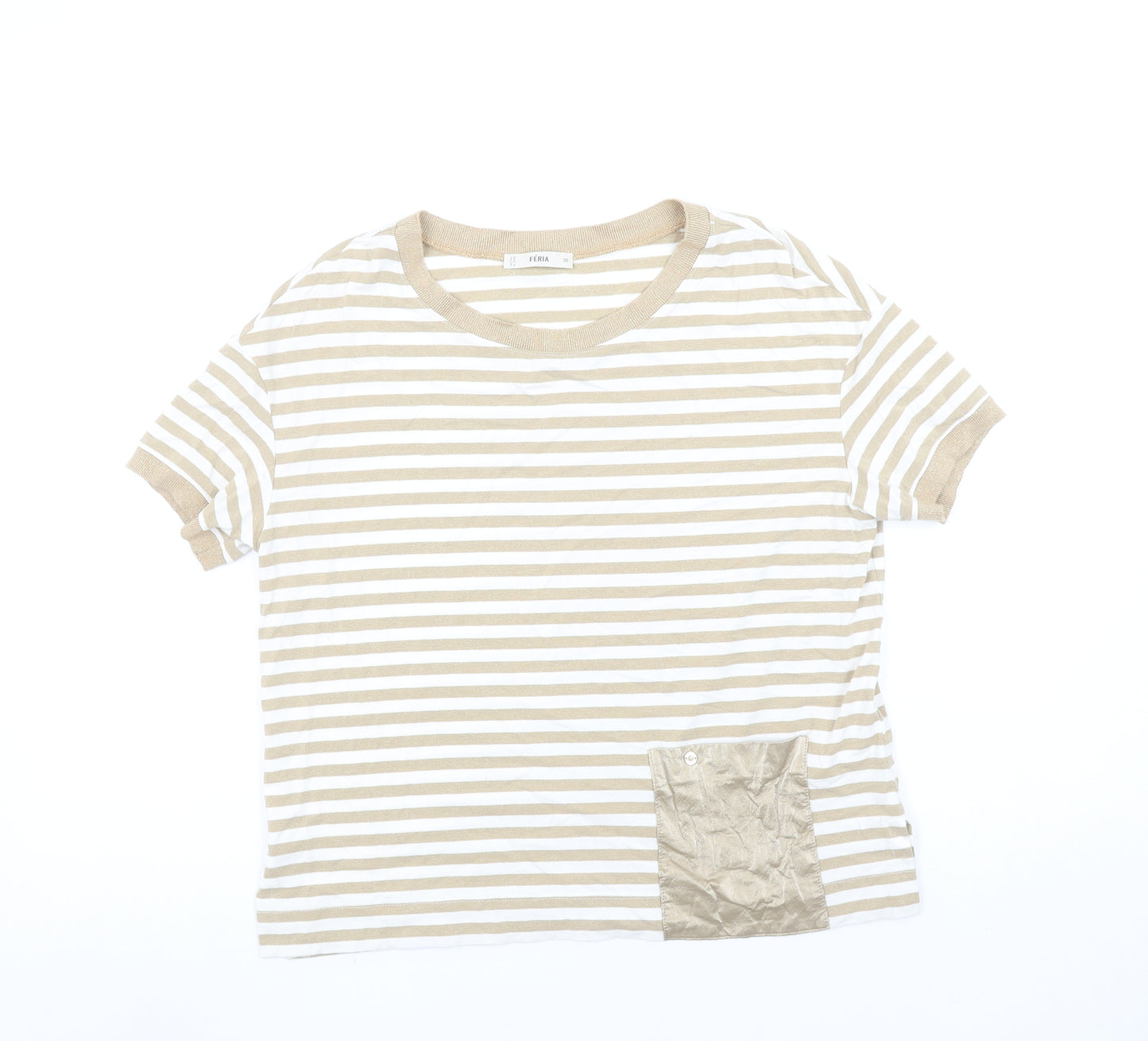 Féria Women’s Beige Striped Short Sleeve Jersey T-Shirt Size 10