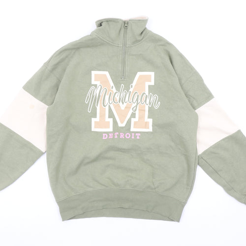 H&M Boys Green Colourblock Michigan Detroit Half Zip Sweatshirt 11-12 Years