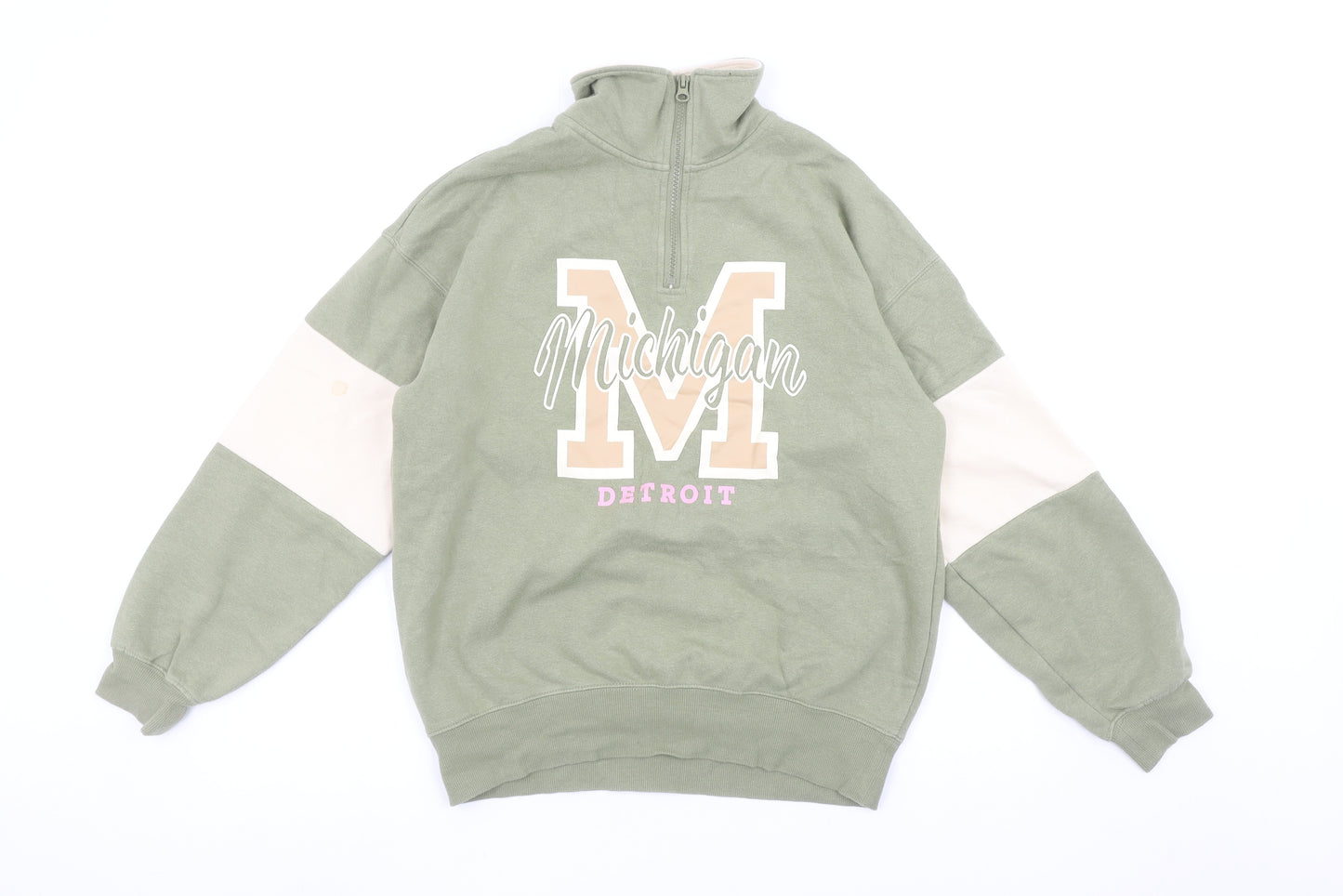H&M Boys Green Colourblock Michigan Detroit Half Zip Sweatshirt 11-12 Years