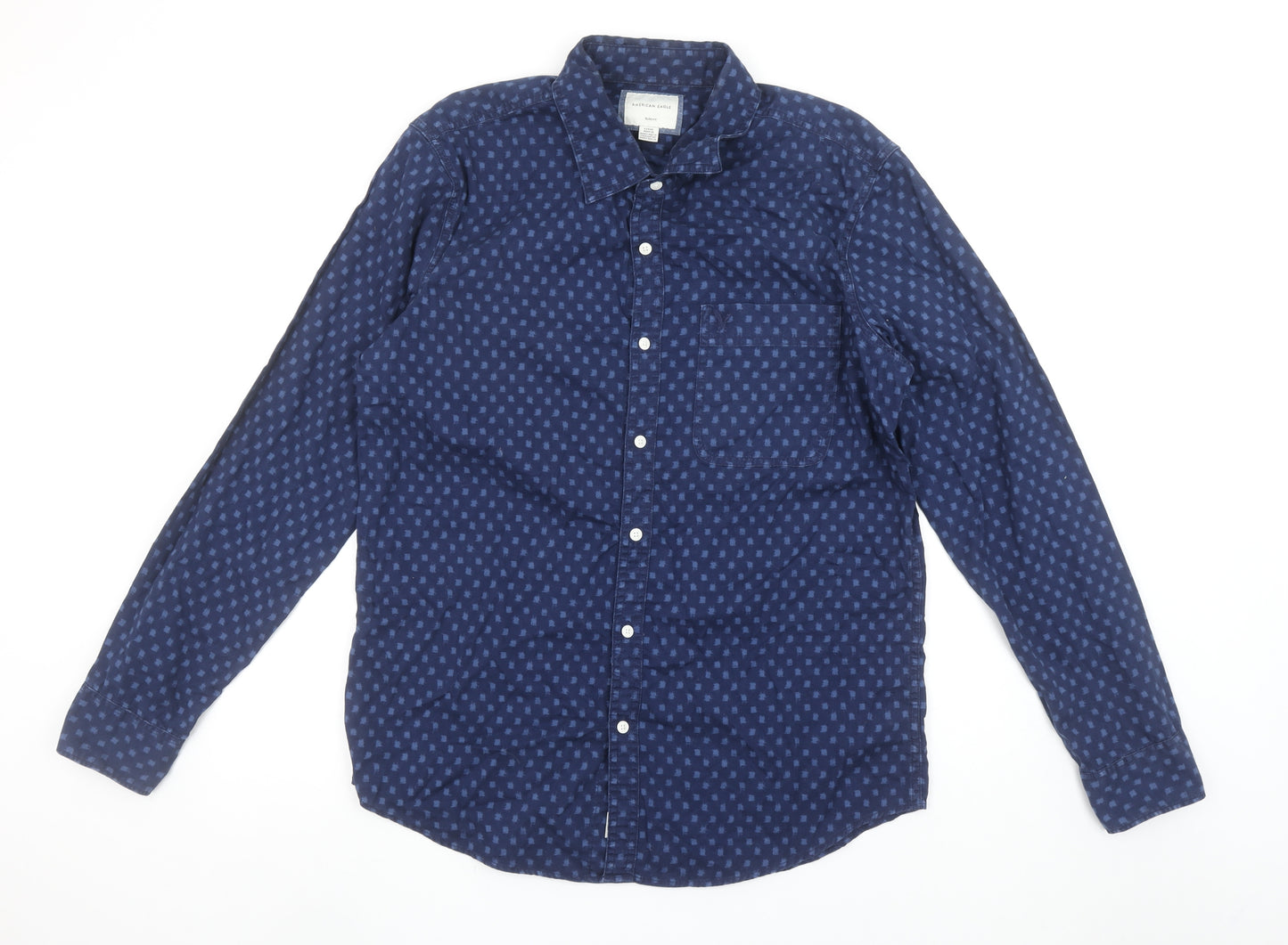 American Eagle Men’s Blue Slim Fit Long Sleeve Cotton Button-Up Shirt Size L