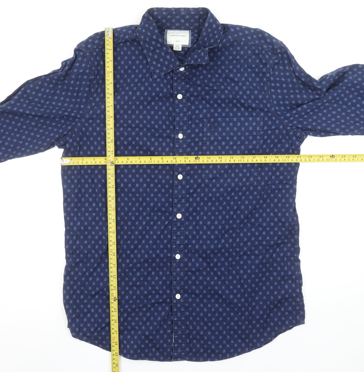 American Eagle Men’s Blue Slim Fit Long Sleeve Cotton Button-Up Shirt Size L