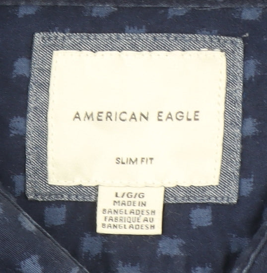 American Eagle Men’s Blue Slim Fit Long Sleeve Cotton Button-Up Shirt Size L