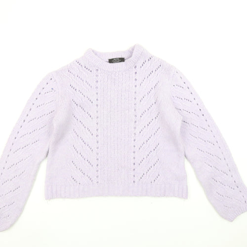Bershka Women’s Purple Mock Neck Open-Knit Jumper Size 12