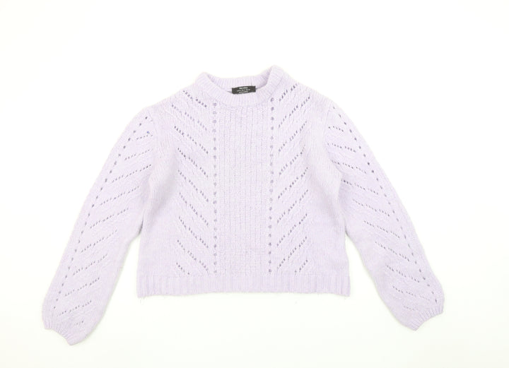 Bershka Women’s Purple Mock Neck Open-Knit Jumper Size 12