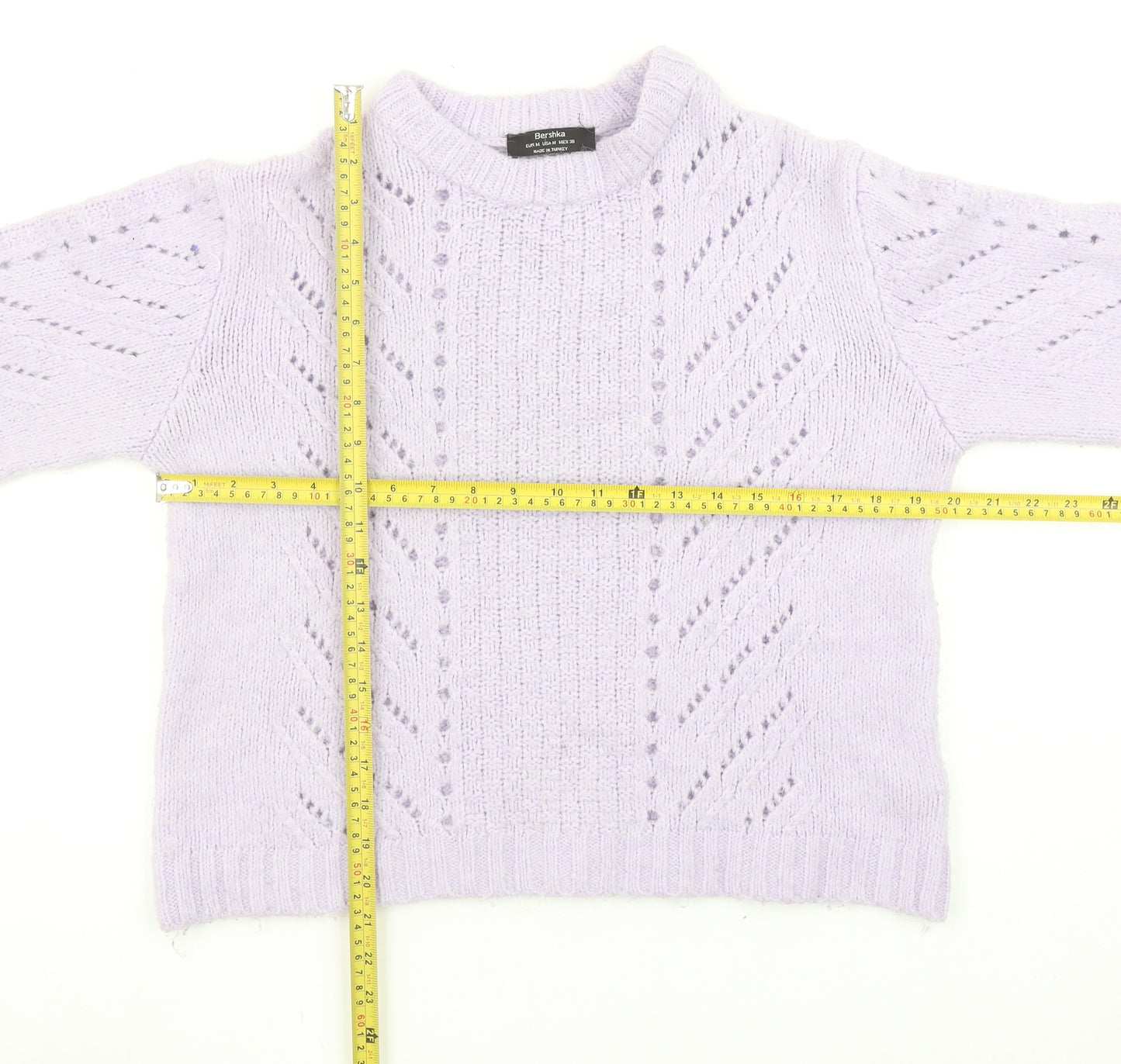 Bershka Women’s Purple Mock Neck Open-Knit Jumper Size 12