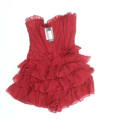 PrettyLittleThing Women Red Strapless Ruffle Layered Playsuit UK 4
