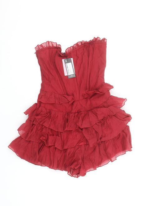 PrettyLittleThing Women Red Strapless Ruffle Layered Playsuit UK 4