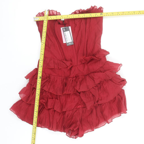 PrettyLittleThing Women Red Strapless Ruffle Layered Playsuit UK 4