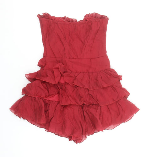 PrettyLittleThing Women Red Strapless Ruffle Layered Playsuit UK 4
