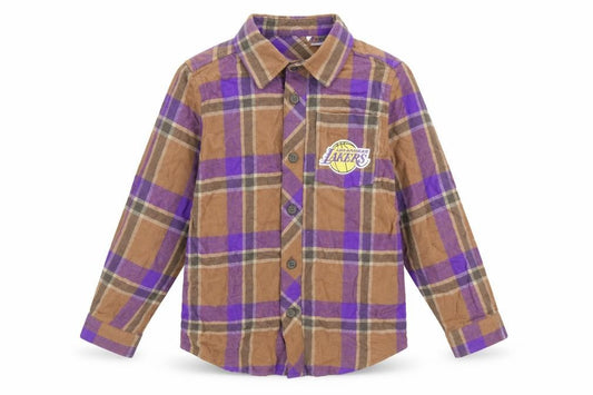 Front view of Cotton On Kids boys’ brown plaid nba lakers button-up shirt 5 years