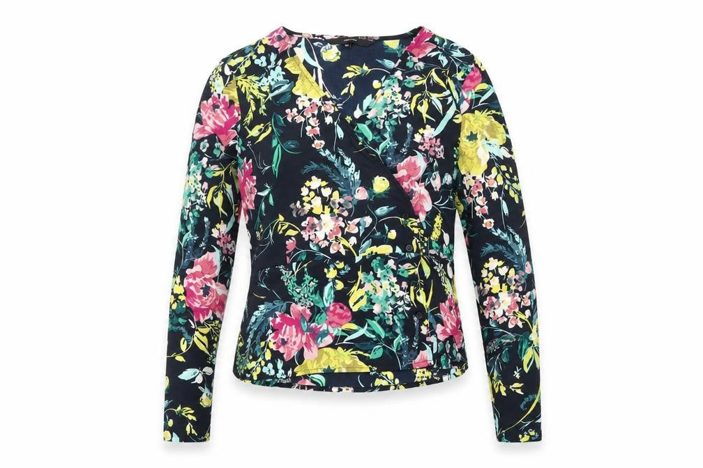 Front view of Vero Moda women’s black floral wrap blouse xs long sleeve polyester