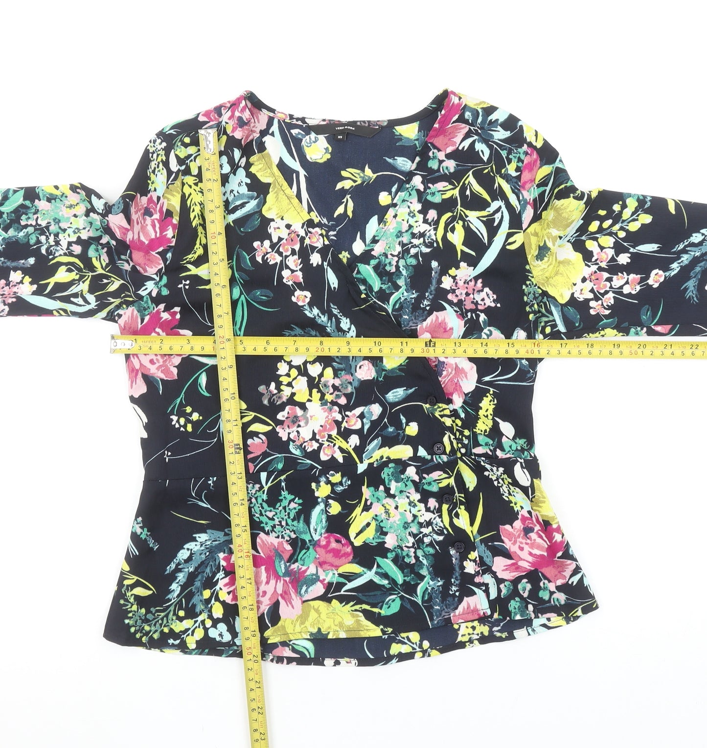 Vero Moda Womens Black Floral Wrap Blouse XS Long Sleeve Polyester