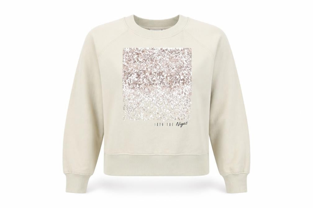 Front view of Only Life Beige Sequin Logo women’s sweatshirt, size S