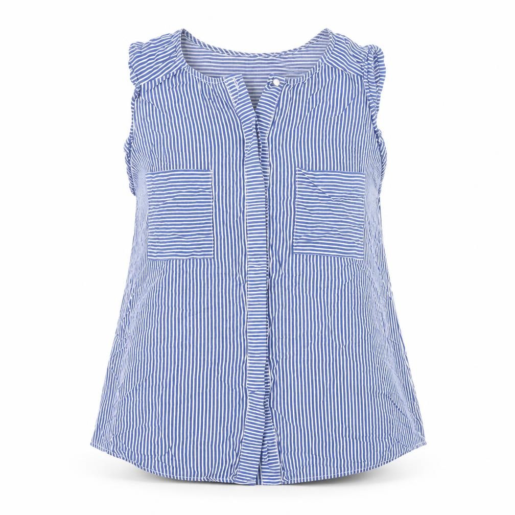 Front view of Dunnes Women's Blue Striped Sleeveless Viscose Blouse, size 10