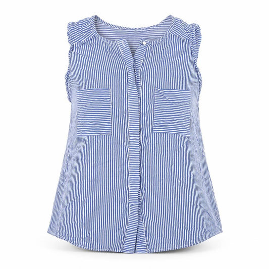 Front view of Dunnes Women's Blue Striped Sleeveless Viscose Blouse, size 10