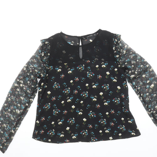 Zara Women’s Black Floral Ruffle Chiffon Blouse XS Long Sleeve
