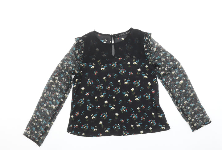 Zara Women’s Black Floral Ruffle Chiffon Blouse XS Long Sleeve