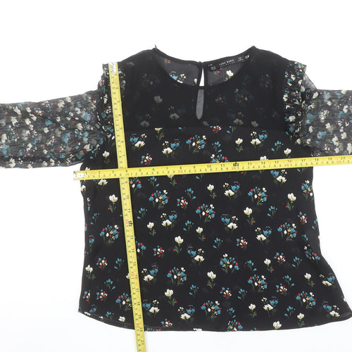 Zara Women’s Black Floral Ruffle Chiffon Blouse XS Long Sleeve