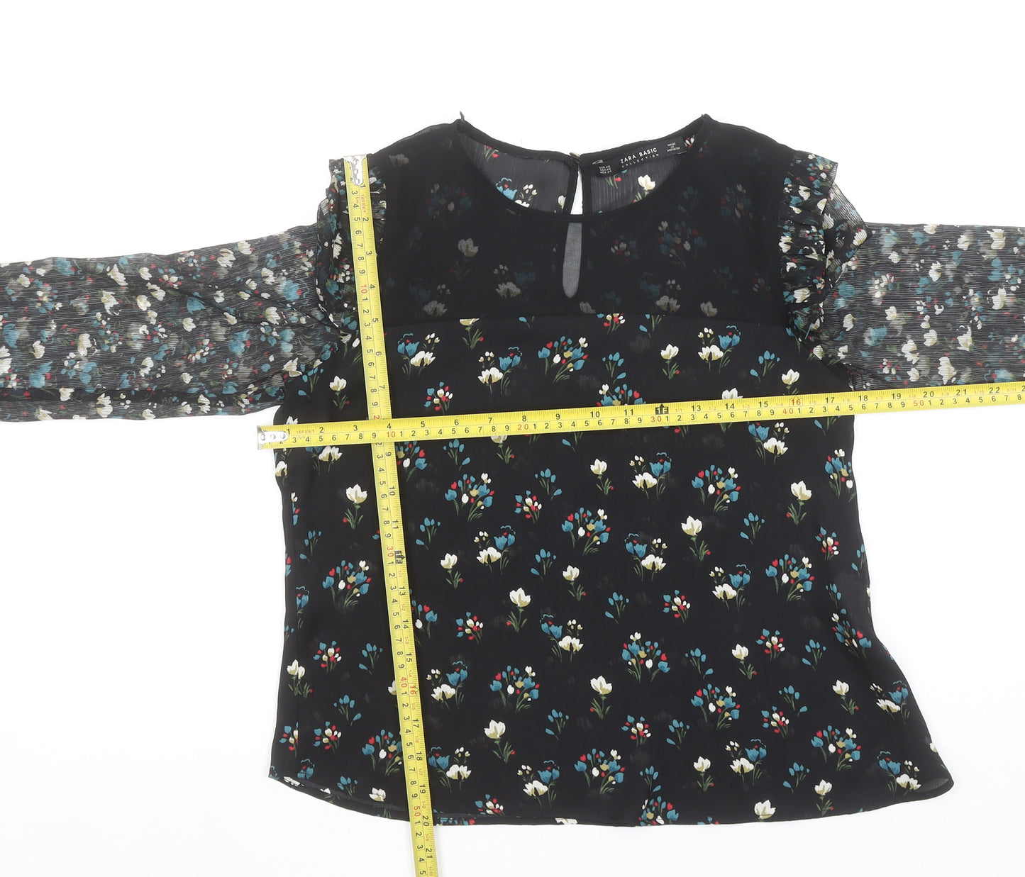 Zara Women’s Black Floral Ruffle Chiffon Blouse XS Long Sleeve