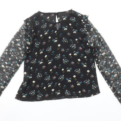 Zara Women’s Black Floral Ruffle Chiffon Blouse XS Long Sleeve