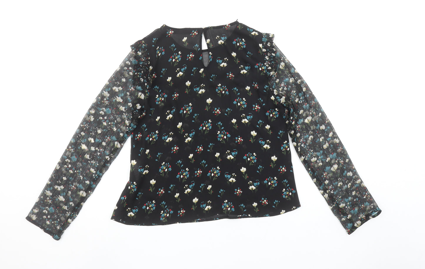 Zara Women’s Black Floral Ruffle Chiffon Blouse XS Long Sleeve