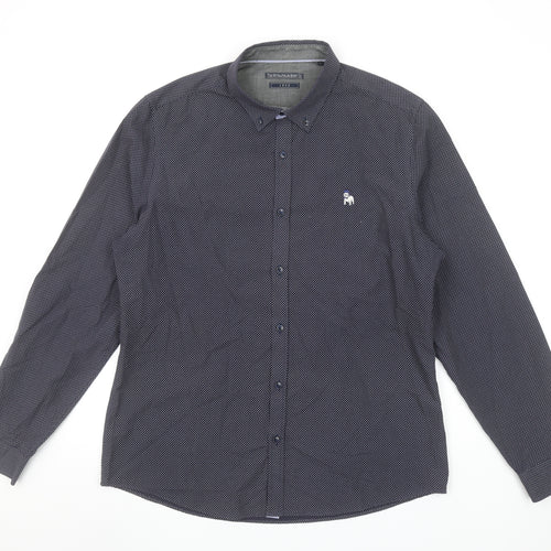 The Spitalfields Shirt Co. Men's Blue Patterned Long Sleeve Button-Up Shirt L