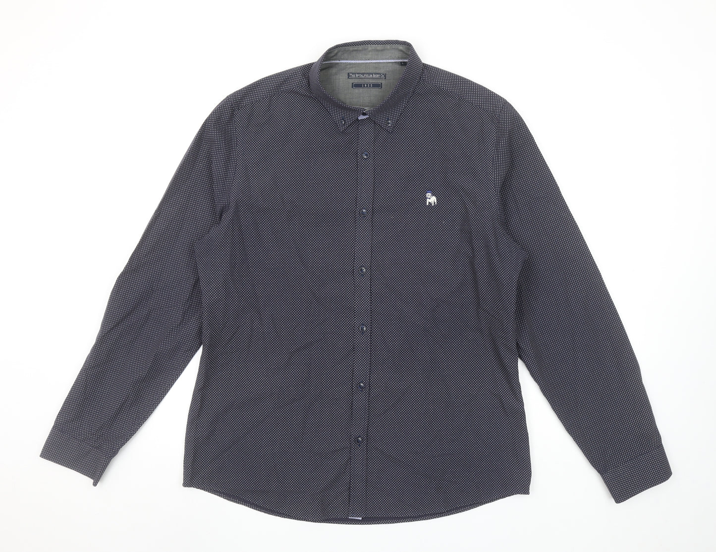 The Spitalfields Shirt Co. Men's Blue Patterned Long Sleeve Button-Up Shirt L