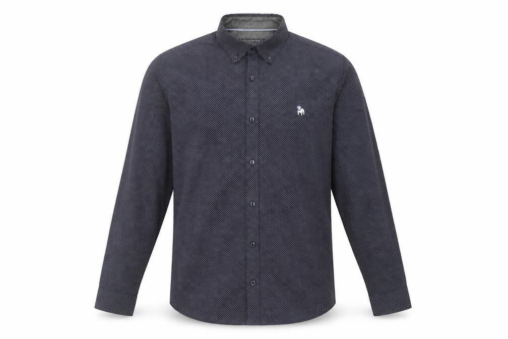 Front view of The Spitalfields Shirt Co. Men's Blue Patterned Long Sleeve Button-Up Shirt L