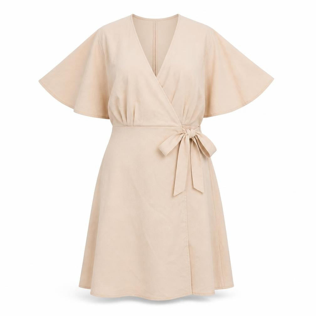 Front view of Atmosphere Women Beige Short Wrap Dress, size 10, Lightweight