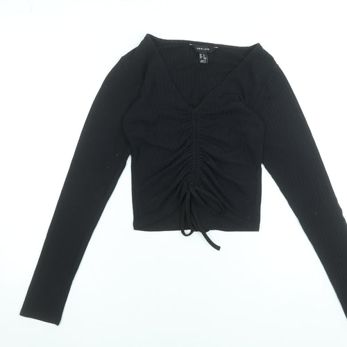 New Look Womens Black Cropped V-Neck Long Sleeve Top Size 8
