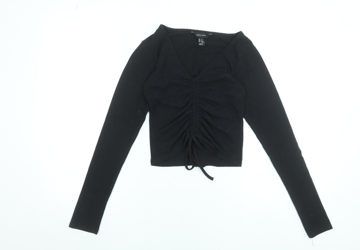 New Look Womens Black Cropped V-Neck Long Sleeve Top Size 8
