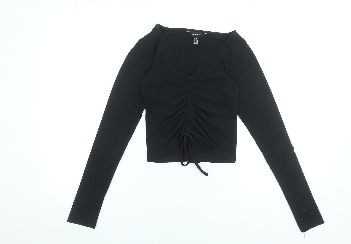 New Look Womens Black Cropped V-Neck Long Sleeve Top Size 8