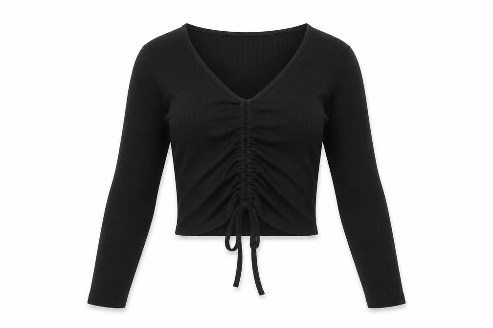 New Look Womens Black Cropped V-Neck Long Sleeve Top Size 8