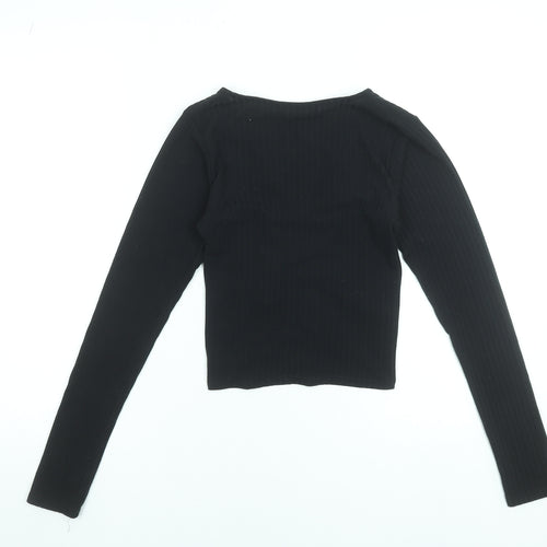 New Look Womens Black Cropped V-Neck Long Sleeve Top Size 8