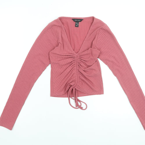 New Look Womens Pink Cropped V-Neck Ruched Long Sleeve Top UK 8